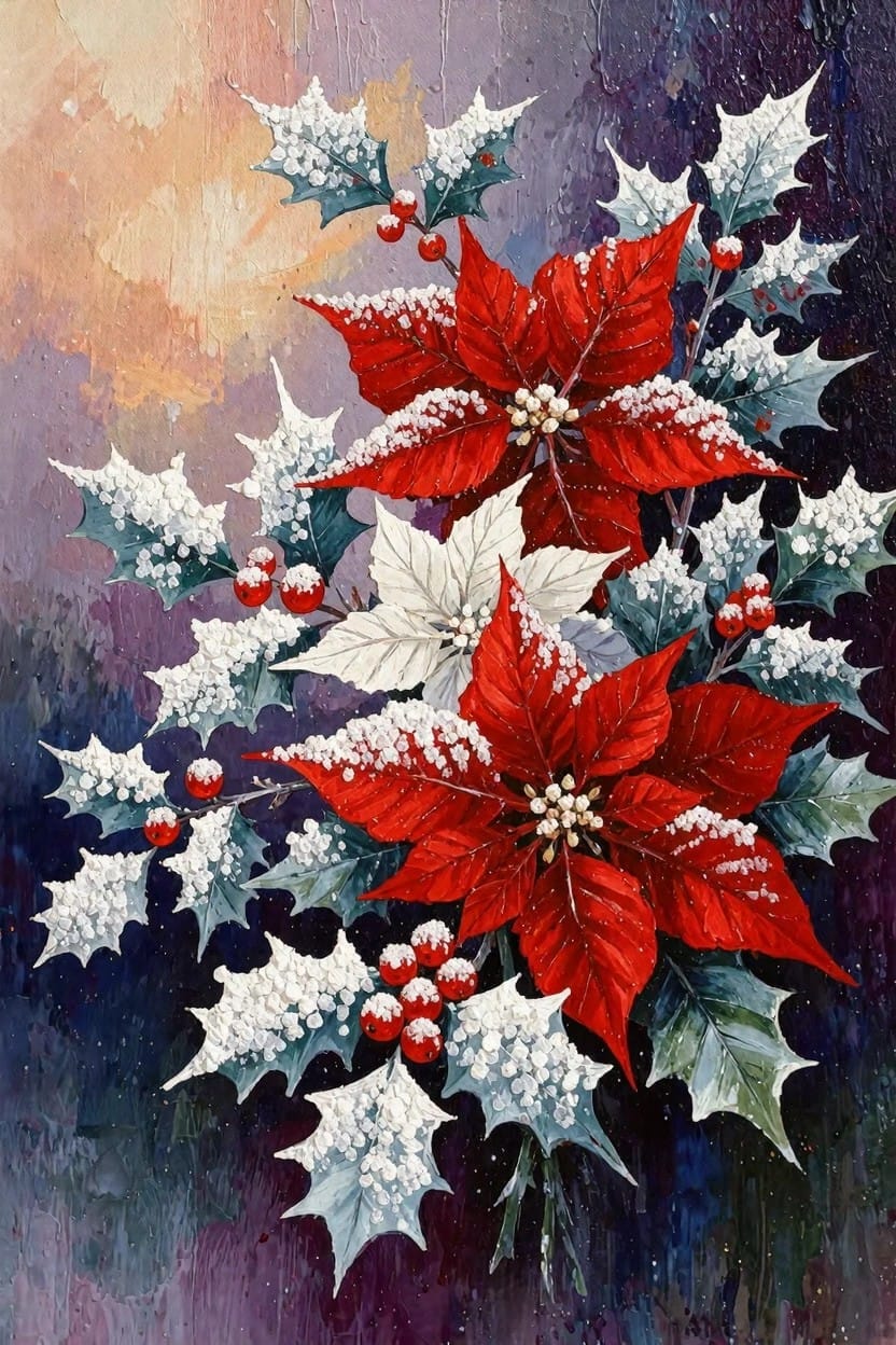 Painting of clustered red and white poinsettias with holly branches and berries dusted in snow on a purple background.