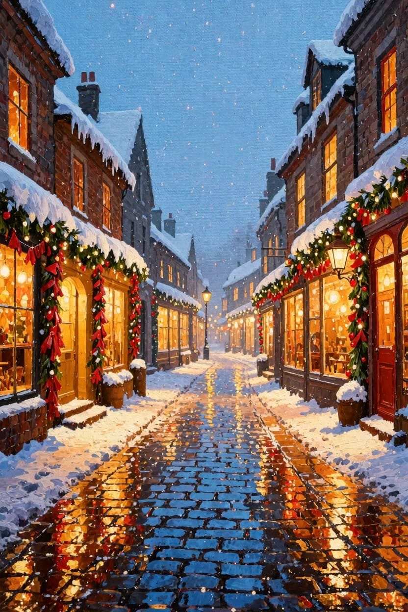 A detailed painting of a snowy cobblestone alley between old brick buildings with Christmas lights, garlands, and warm window glows at dusk.