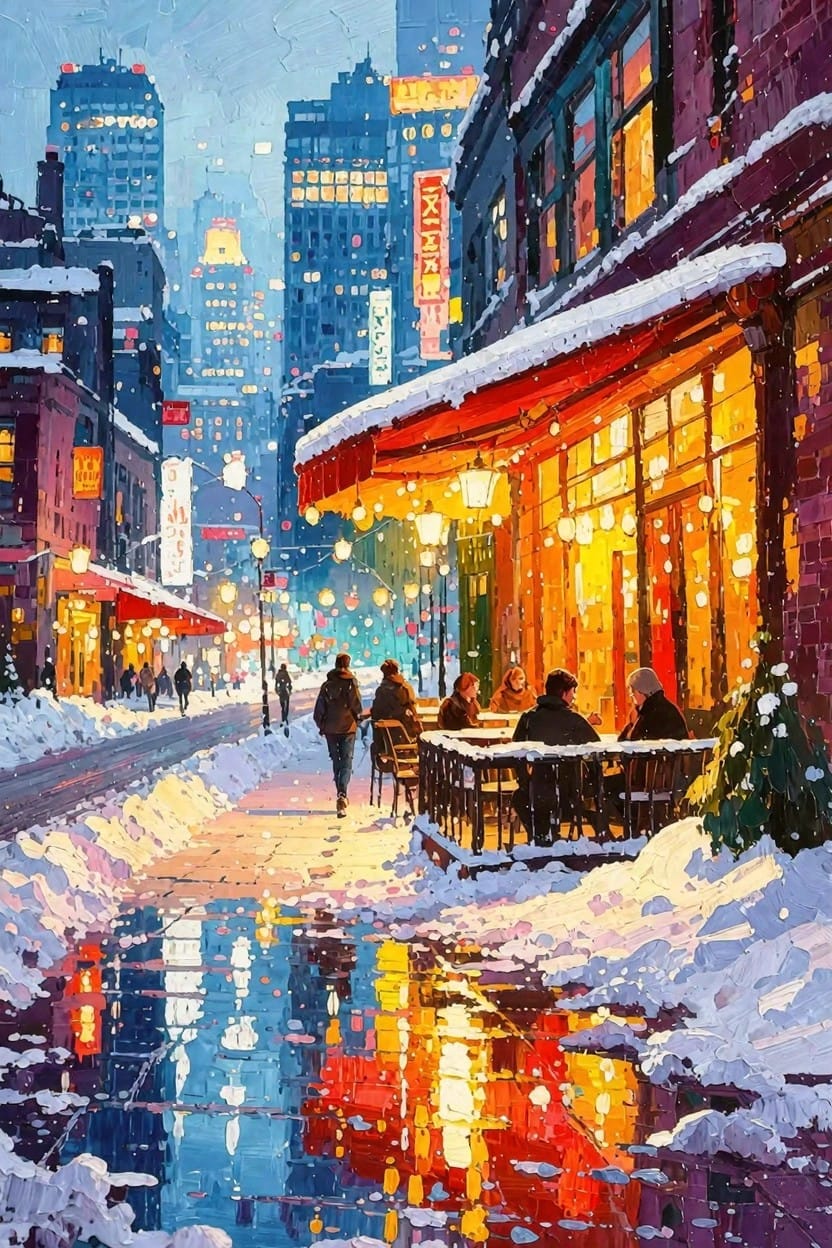 Acrylic painting of a snowy nighttime city street with tall buildings, neon signs, a lit cafe with outdoor seating, and puddle reflections.
