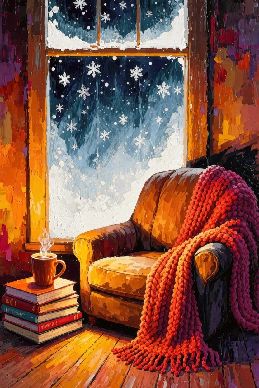 Painting of a leather armchair with red blanket, books, and steaming mug next to a window with snowy night sky and stars.