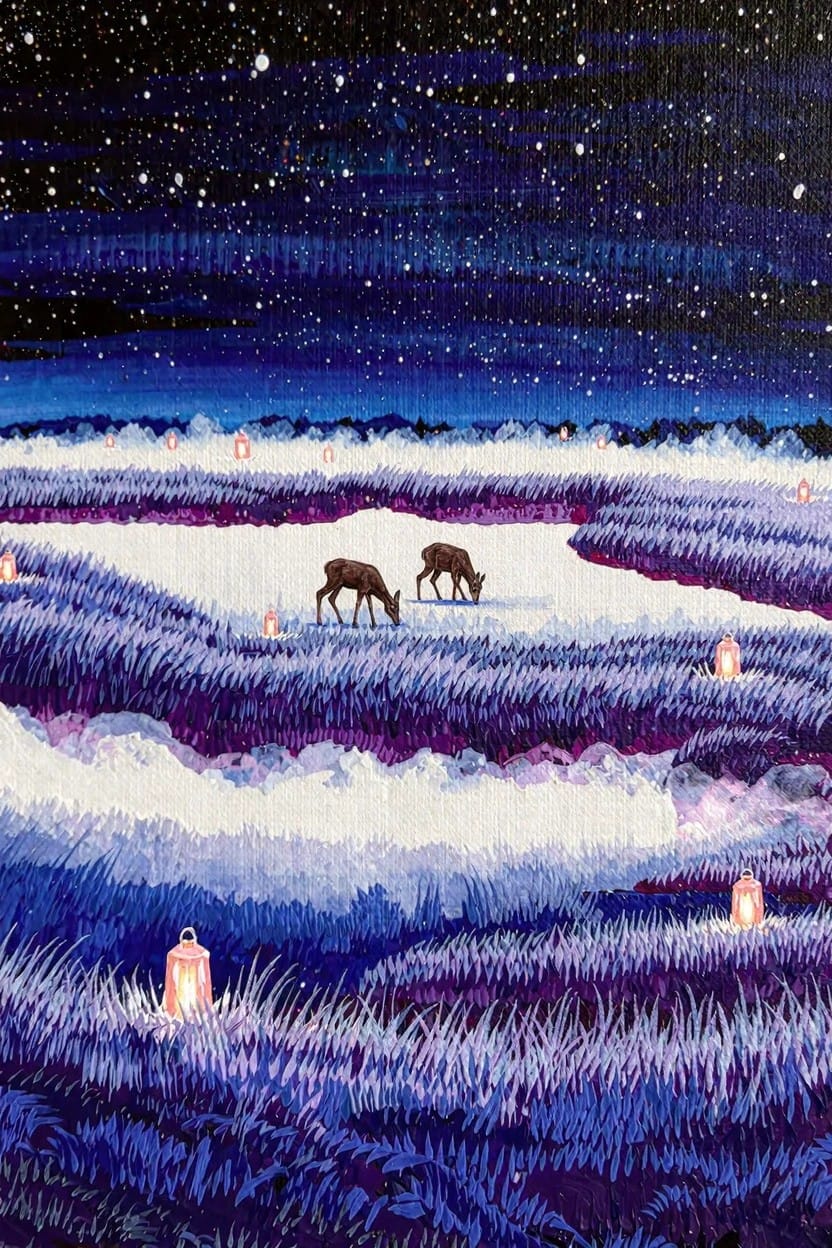 Painting of two brown deer grazing on a white path in purple lavender fields under a starry deep blue night sky, with glowing orange lanterns scattered around.