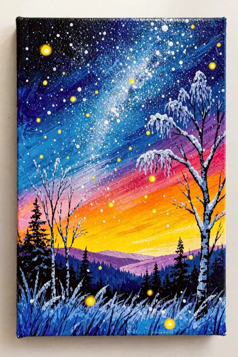Acrylic painting of a vertical winter night landscape with starry Milky Way sky, snowy birch trees, distant pines and mountains, and glowing lights in foreground reeds.