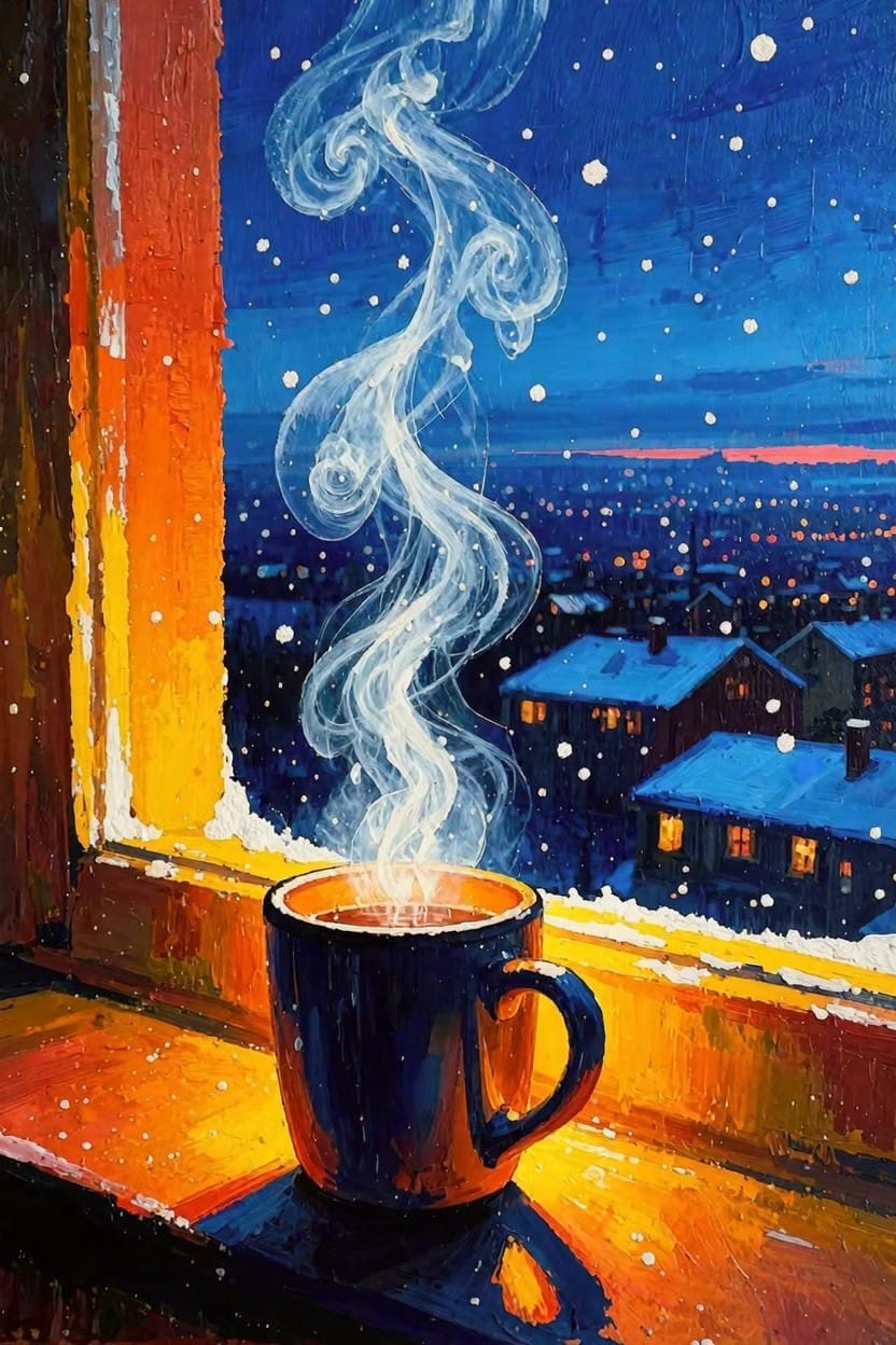 Painting of a dark mug with rising steam on an orange windowsill overlooking a snowy nighttime city with blue sky and distant lights.