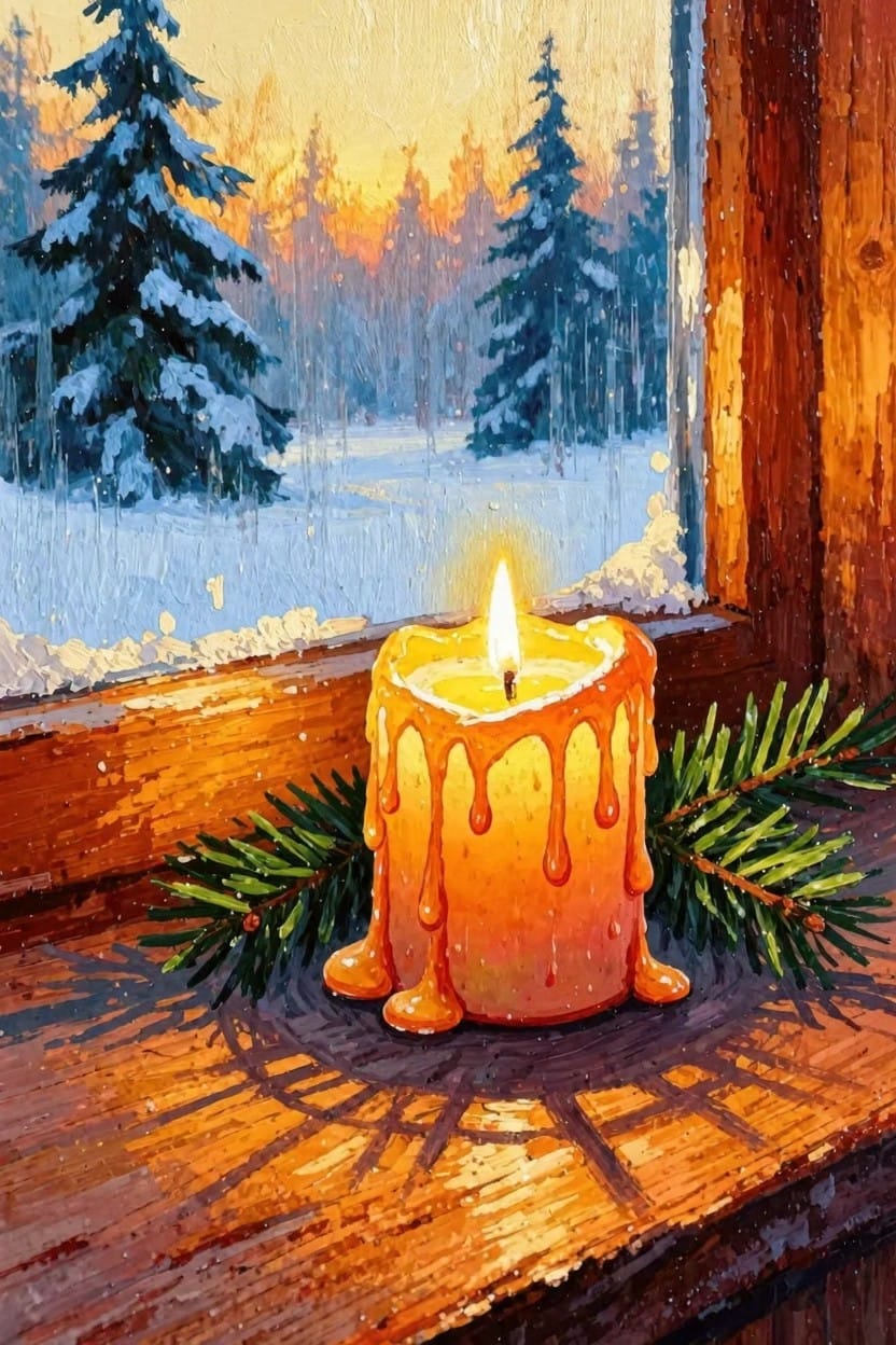 A lit orange candle with dripping wax on a wooden windowsill next to pine branches, seen through a frosty window with snowy pine forest and sunset outside.