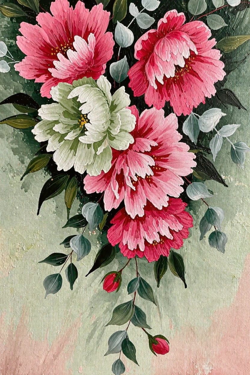 Painting of clustered pink and white peonies with green eucalyptus leaves cascading on a pale green-pink background.