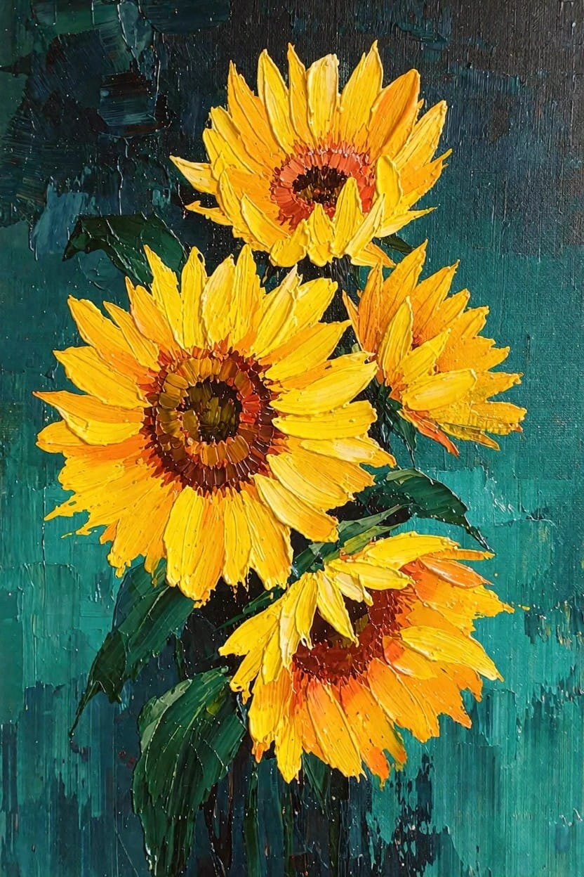 Four yellow sunflowers with green leaves clustered on a textured dark teal background.