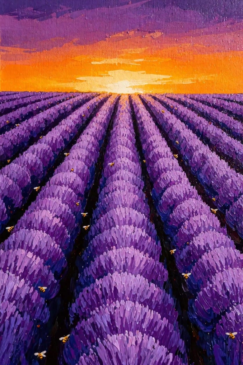 A vibrant acrylic painting of endless purple lavender fields under a dramatic orange-purple sunset sky with flying bees.