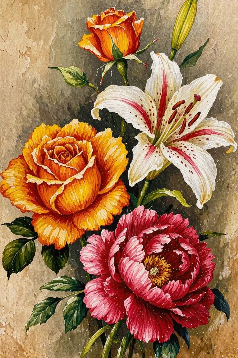 Painting of orange roses, white lily with orange spots, and pink peony clustered on a textured beige background.