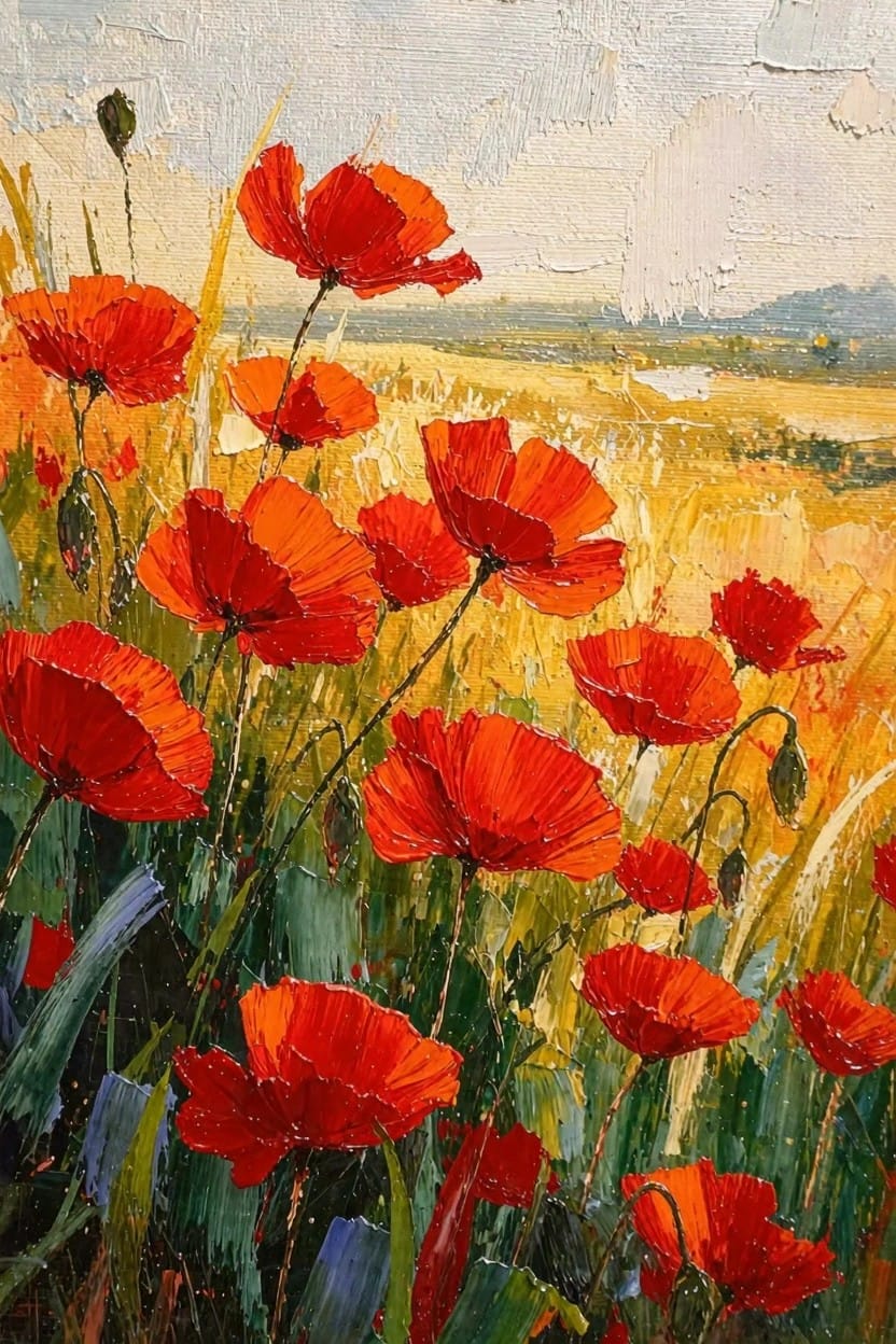 Acrylic painting of red poppies growing in a golden wheat field with green stems and a pale sky background.