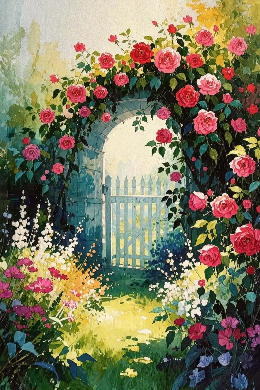 Watercolor-style painting of pink roses covering a stone archway with an open white picket fence gate leading to a sunny garden path edged in flowers and greenery.