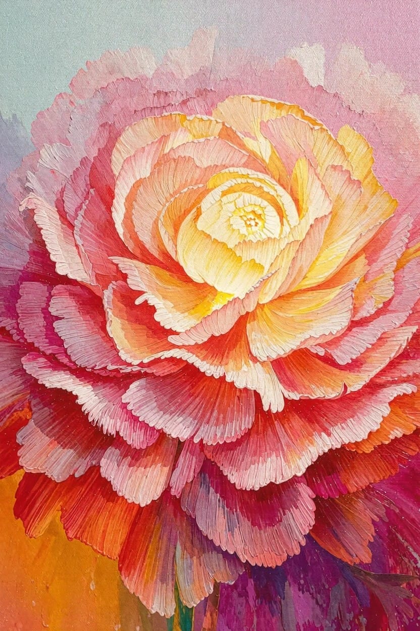 Close-up watercolor of a ruffled ranunculus flower in pinks, oranges, and yellows on a pale blue background.