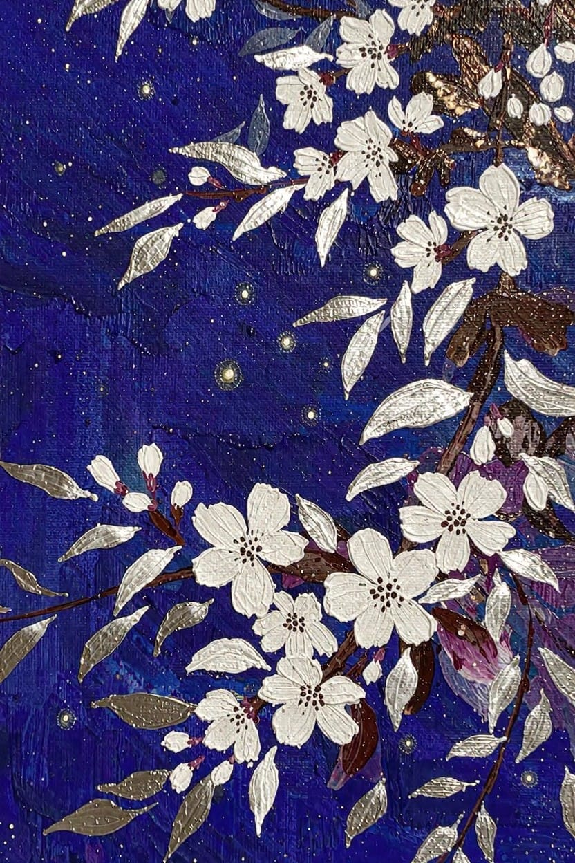White cherry blossom branches with metallic accents curve over a deep blue starry night sky.