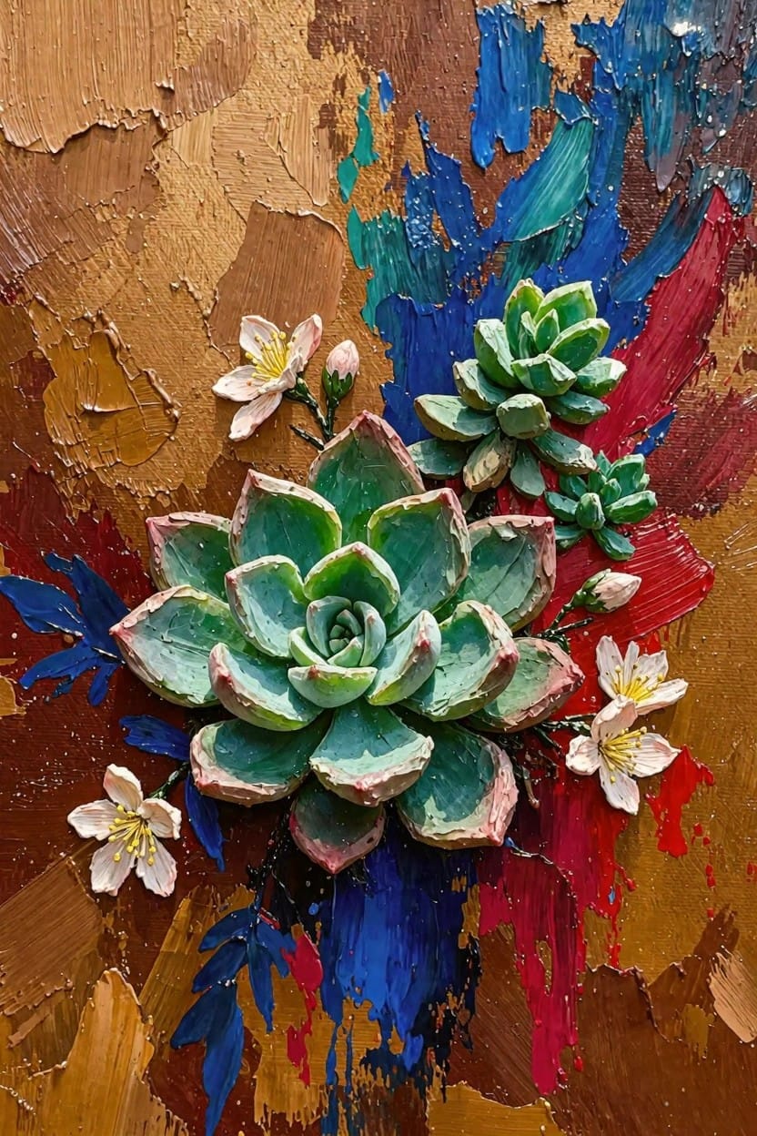 Painting of clustered green succulents with white flowers on a textured abstract background mixing brown, blue, red, and orange paints.