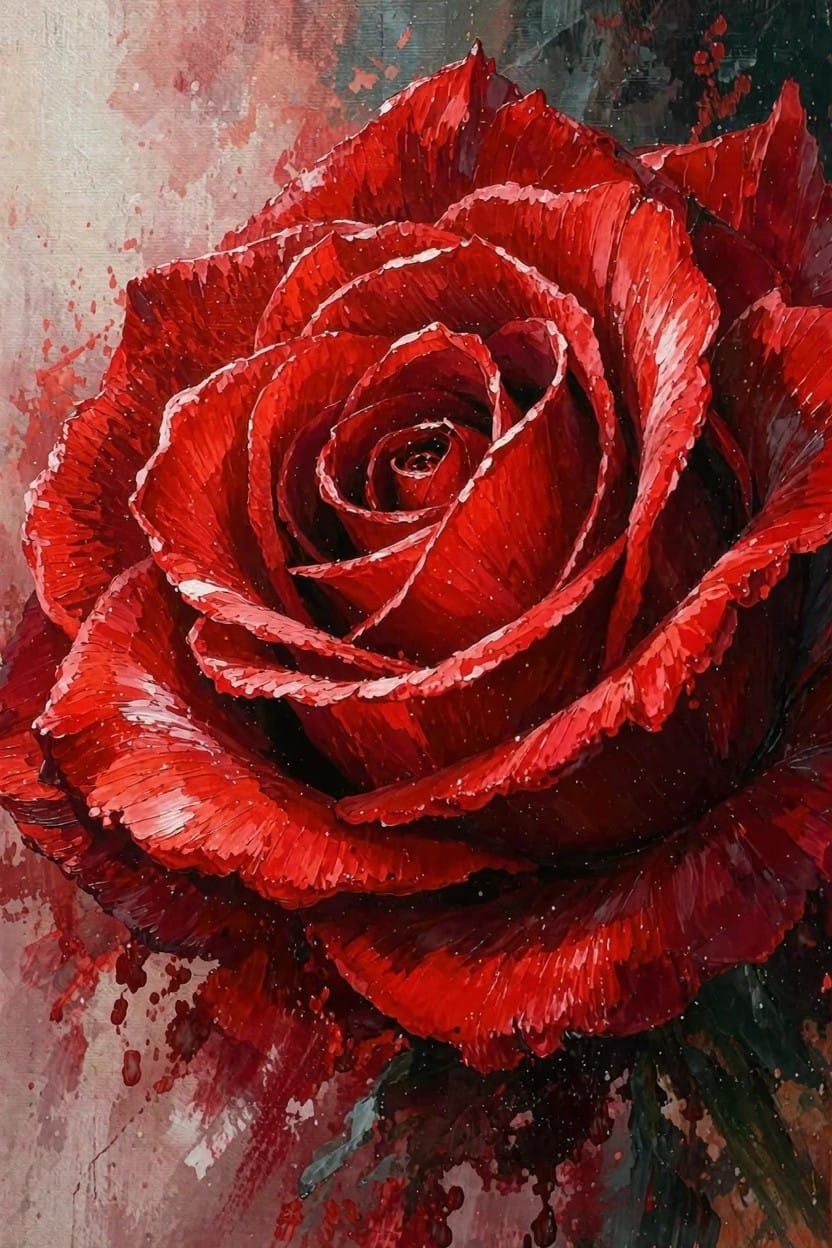 Close-up acrylic painting of a red rose with textured brushstrokes, layered petals, and paint drips on a dark background.