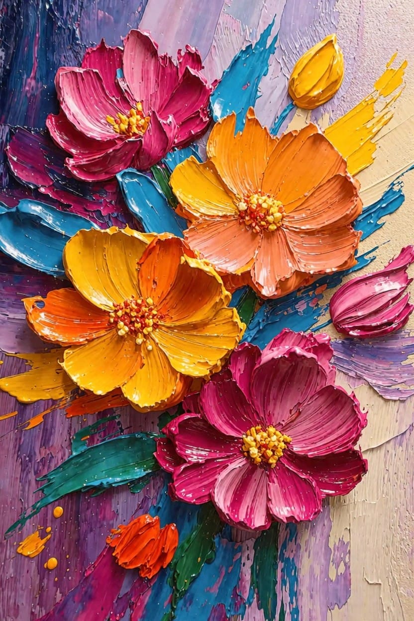 Textured painting of overlapping pink, orange, and yellow flowers with blue and purple accents on a multicolored background.