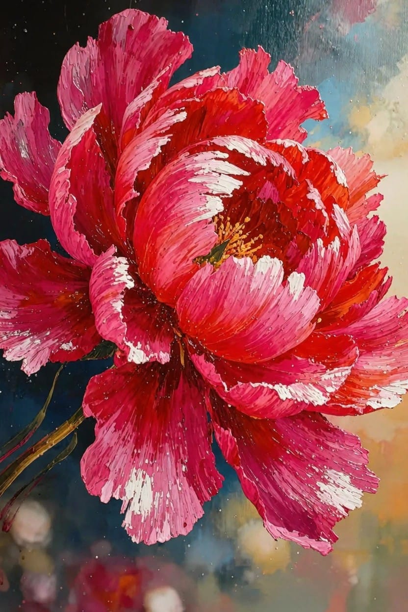 Close-up acrylic painting of a large red peony flower with textured pink and white petals against a dark blue background.