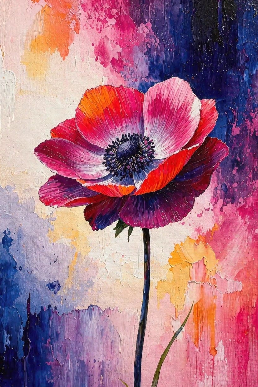 Close-up acrylic painting of a pink-orange anemone flower with dark purple center and green stem on a textured purple-pink-orange-yellow abstract background.