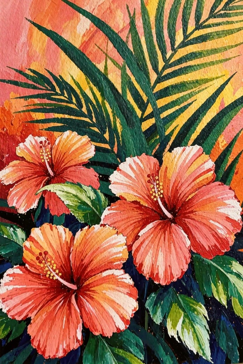 Watercolor-style painting of three orange hibiscus flowers and green palm fronds on a pink-to-orange gradient background.