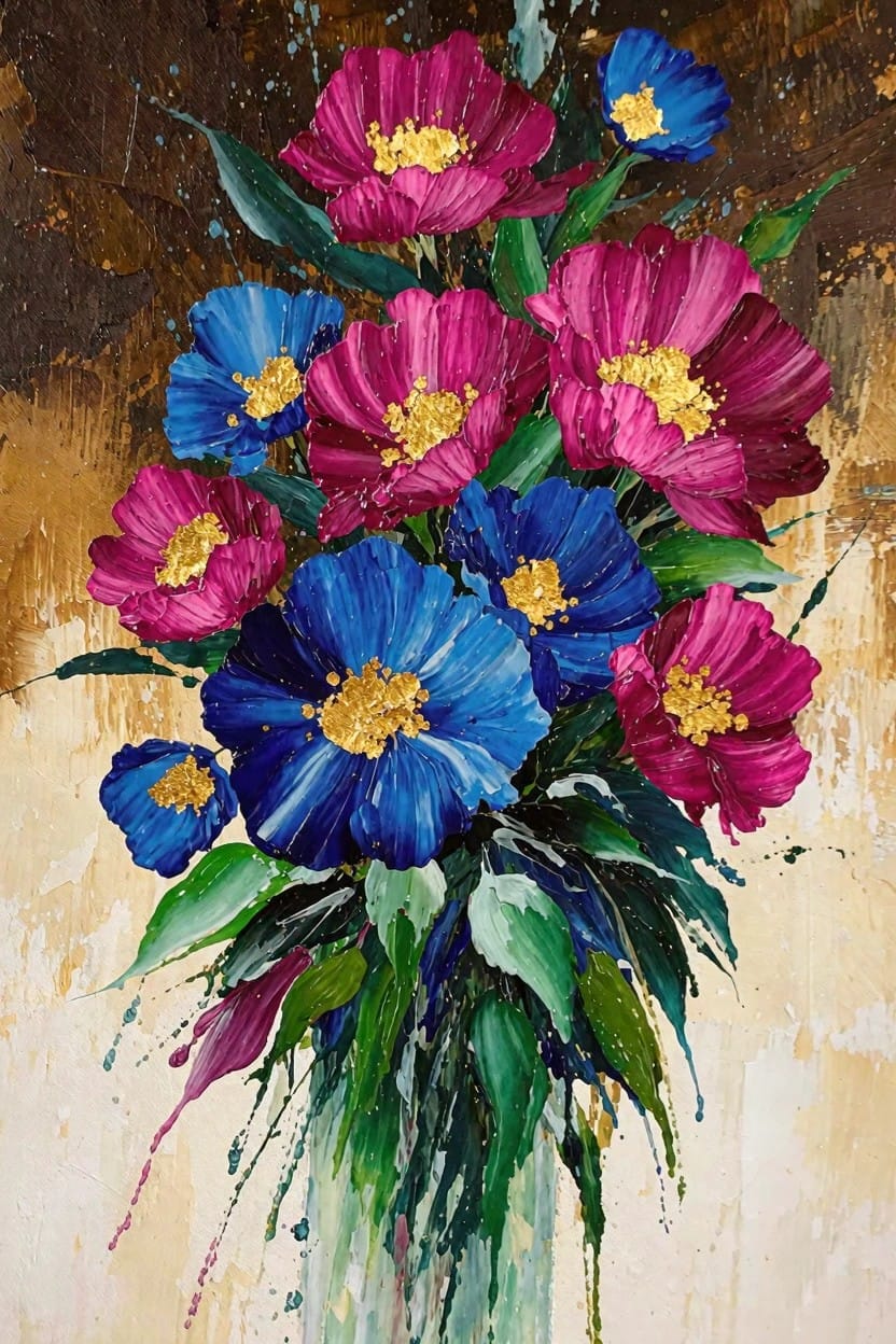 Acrylic painting of a bouquet of magenta and blue flowers with yellow centers and green leaves in a clear vase on a textured beige background.