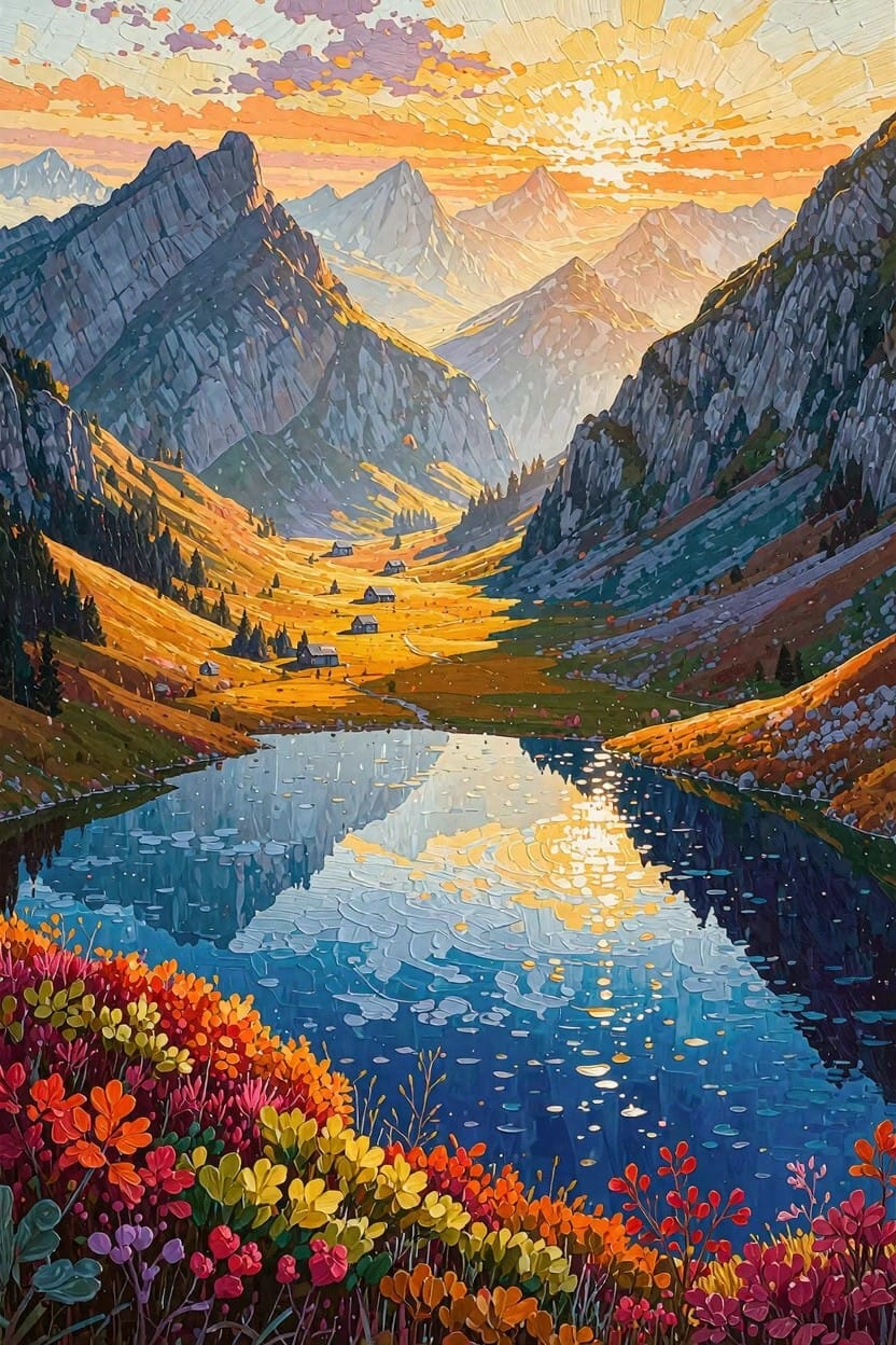 Vibrant painting of a sunset over an alpine valley with a central lake, wildflowers in the foreground, and rugged mountains in warm golden tones.