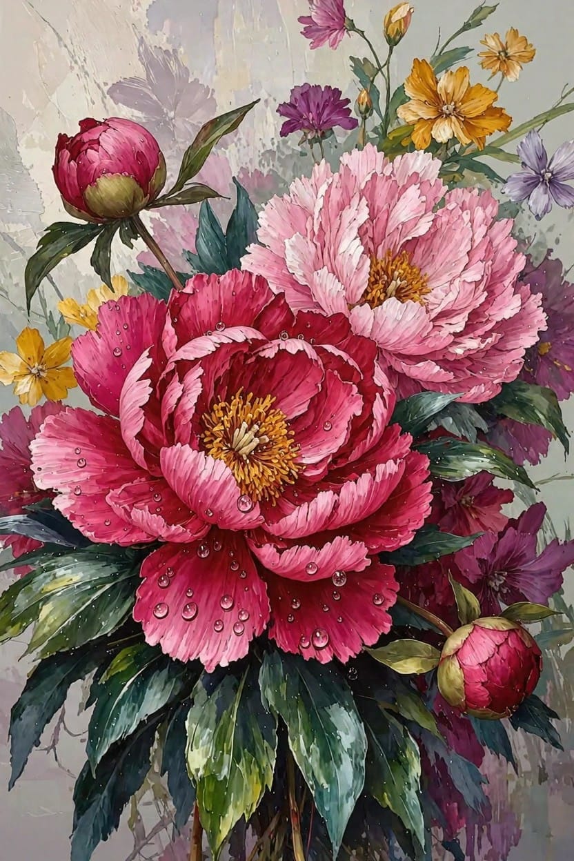Detailed painting of pink and red peonies in a bouquet with dew drops on petals, green leaves, yellow and purple accent flowers, and soft gray background.