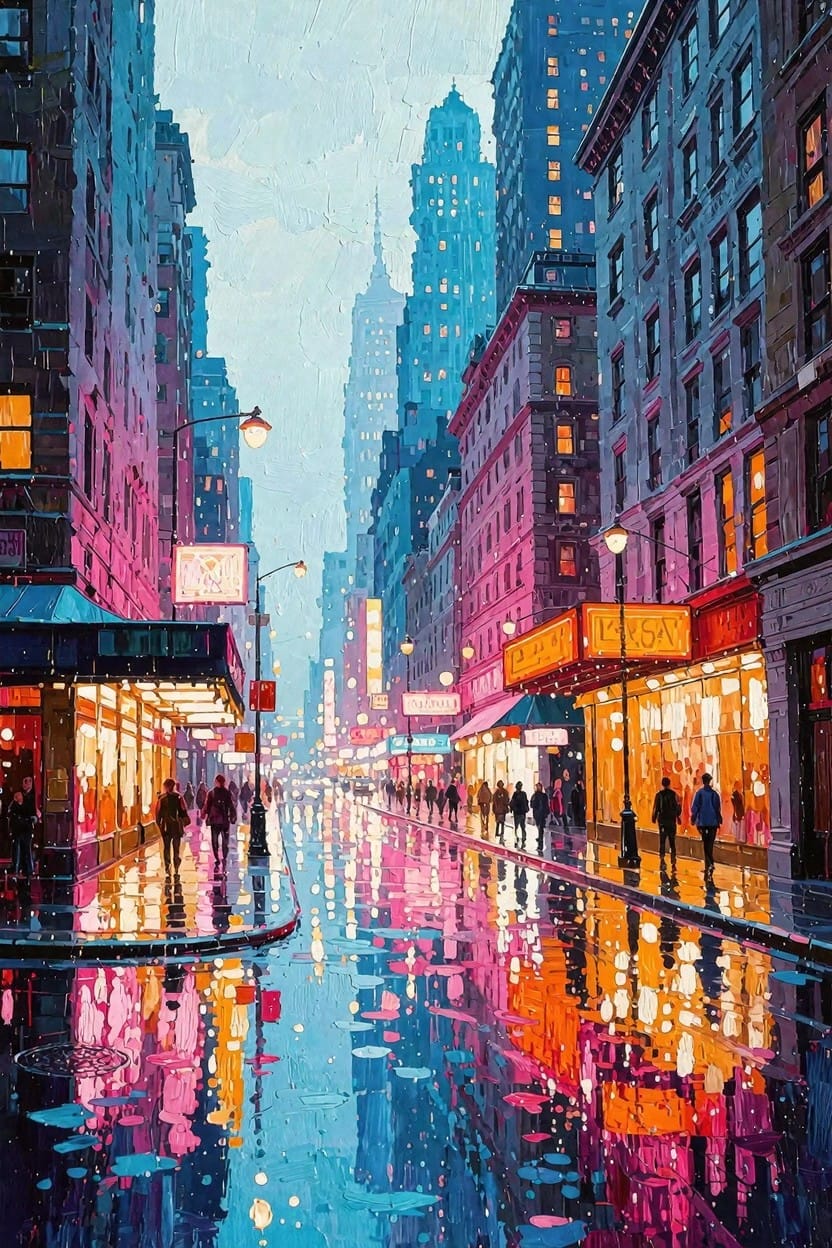 Acrylic painting of a rainy nighttime city street with neon lights and skyscrapers reflecting in puddles, pedestrians walking under street lamps.