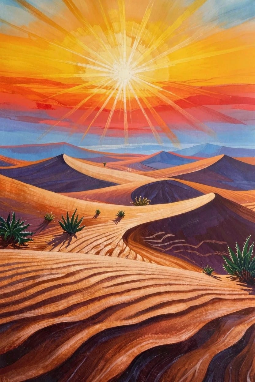 Vibrant painting of a radiant orange sun with rays over golden sand dunes, distant purple mountains, and scattered cacti in a desert scene.
