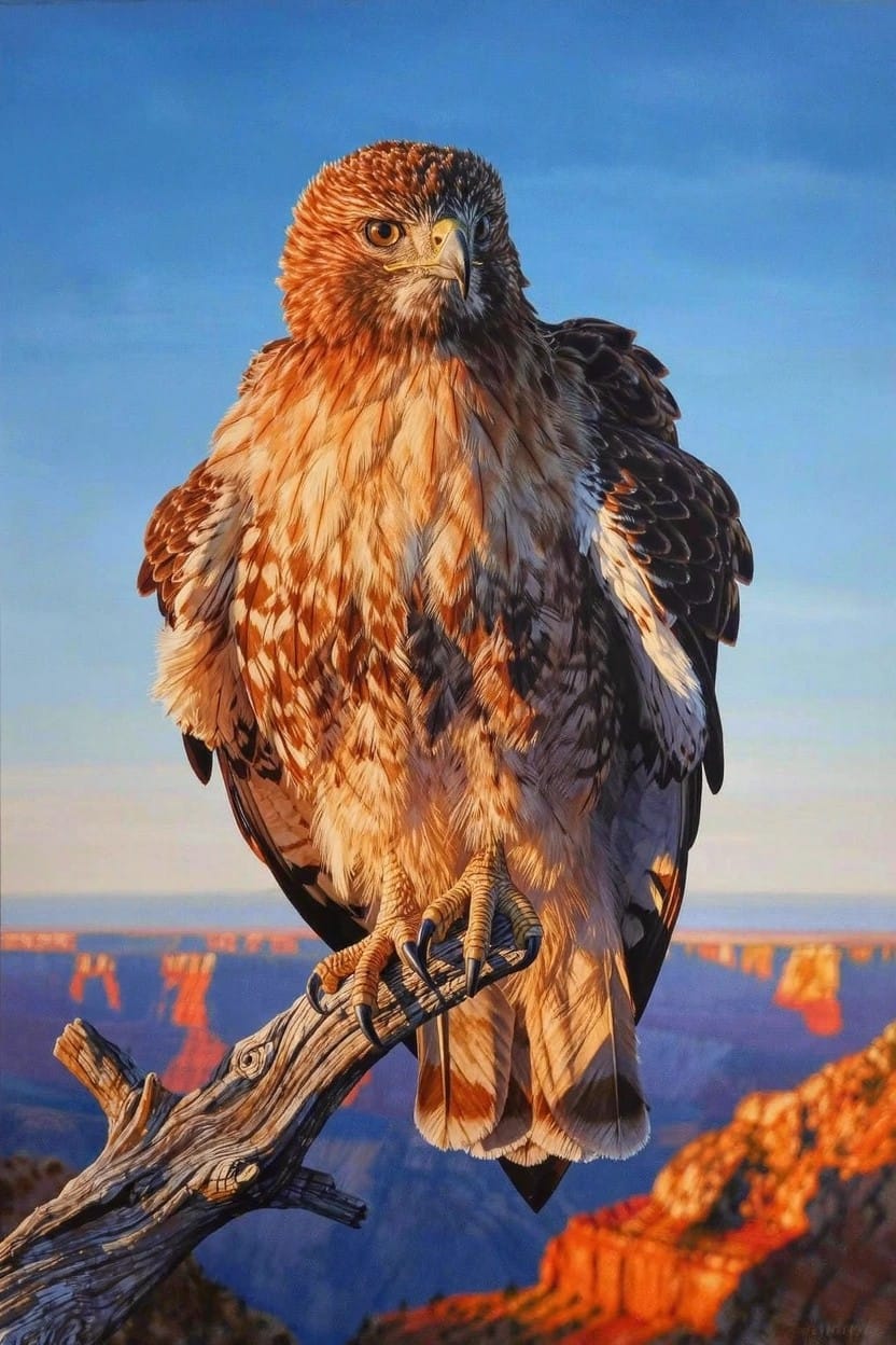 A detailed painting of a red-tailed hawk on a branch overlooking the colorful Grand Canyon at sunset.