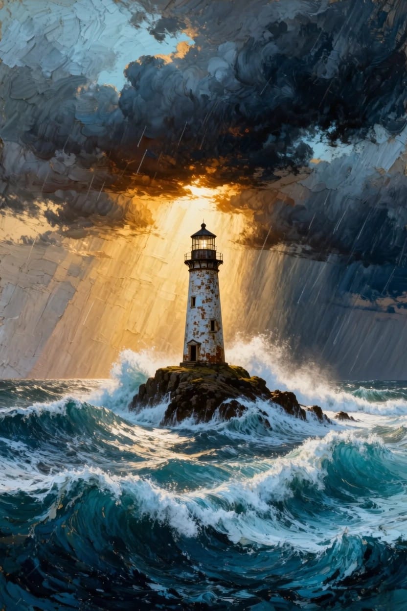 A white lighthouse on rocky waves stands amid crashing seas under dark storm clouds pierced by a golden sunbeam.