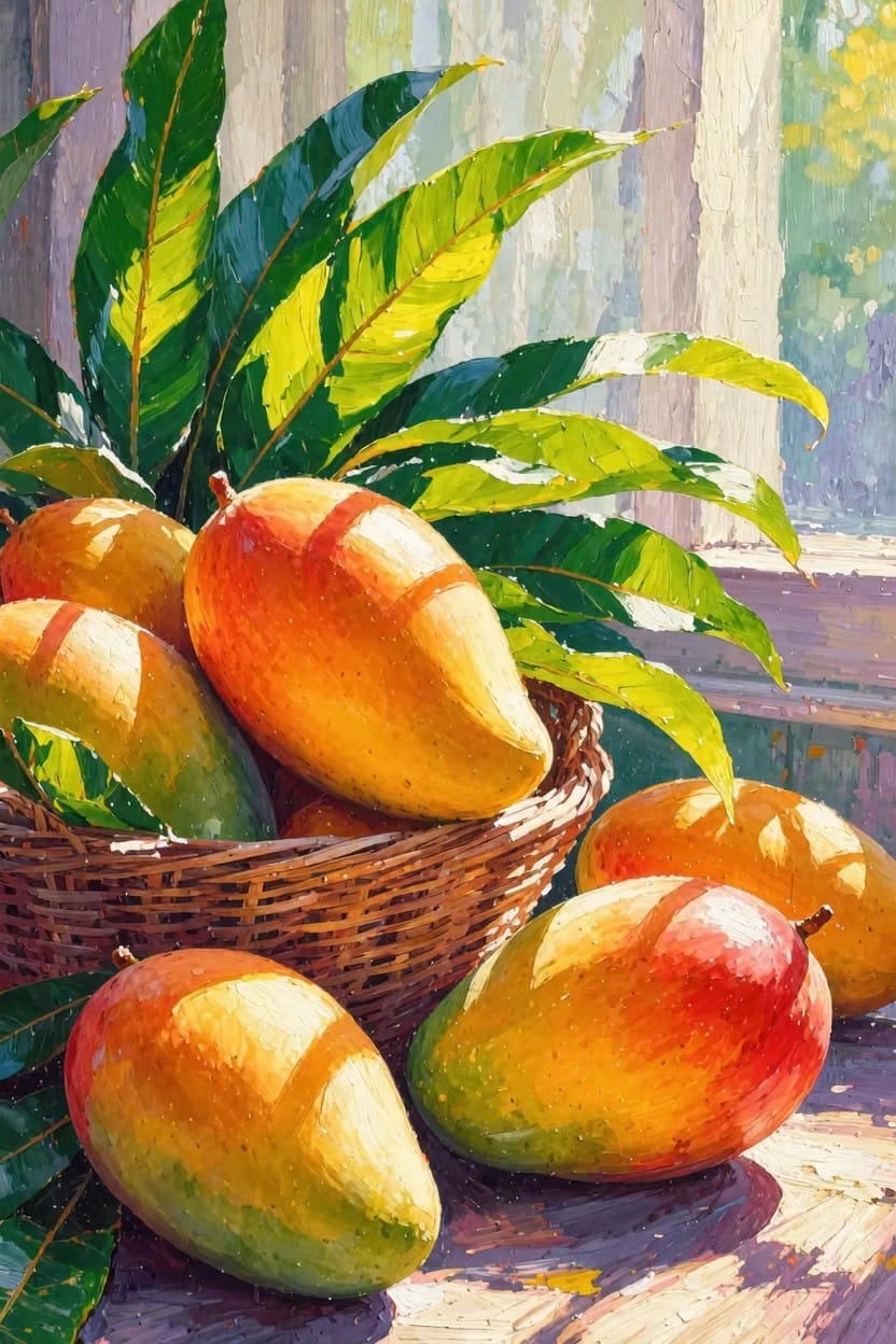 Realistic acrylic painting of ripe orange mangoes in a woven basket with green leaves, illuminated by sunlight through a window onto a wooden surface.