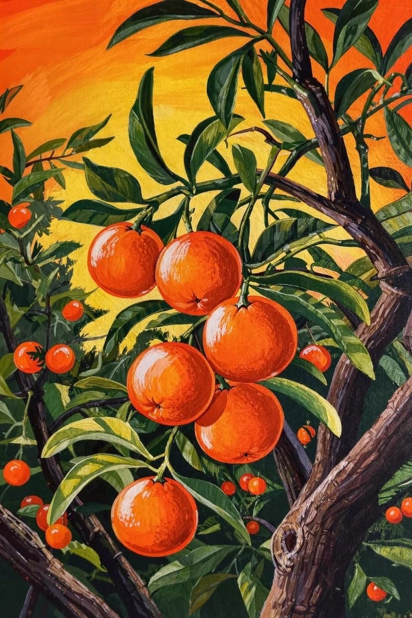 Acrylic painting of ripe oranges hanging from branches with green leaves against a warm orange-yellow sunset background.