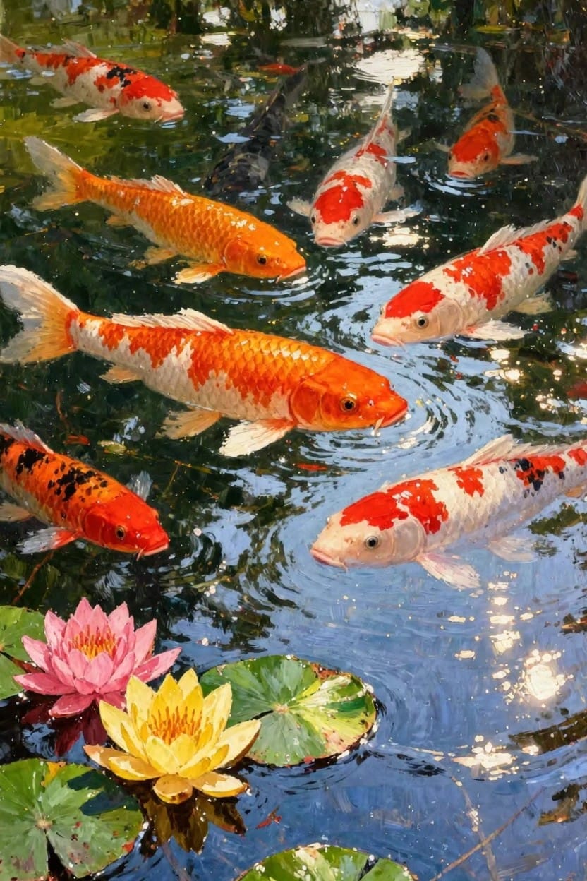 Colorful koi fish swim in a pond with pink and yellow lotus flowers, green lily pads, and rippling blue-green water.