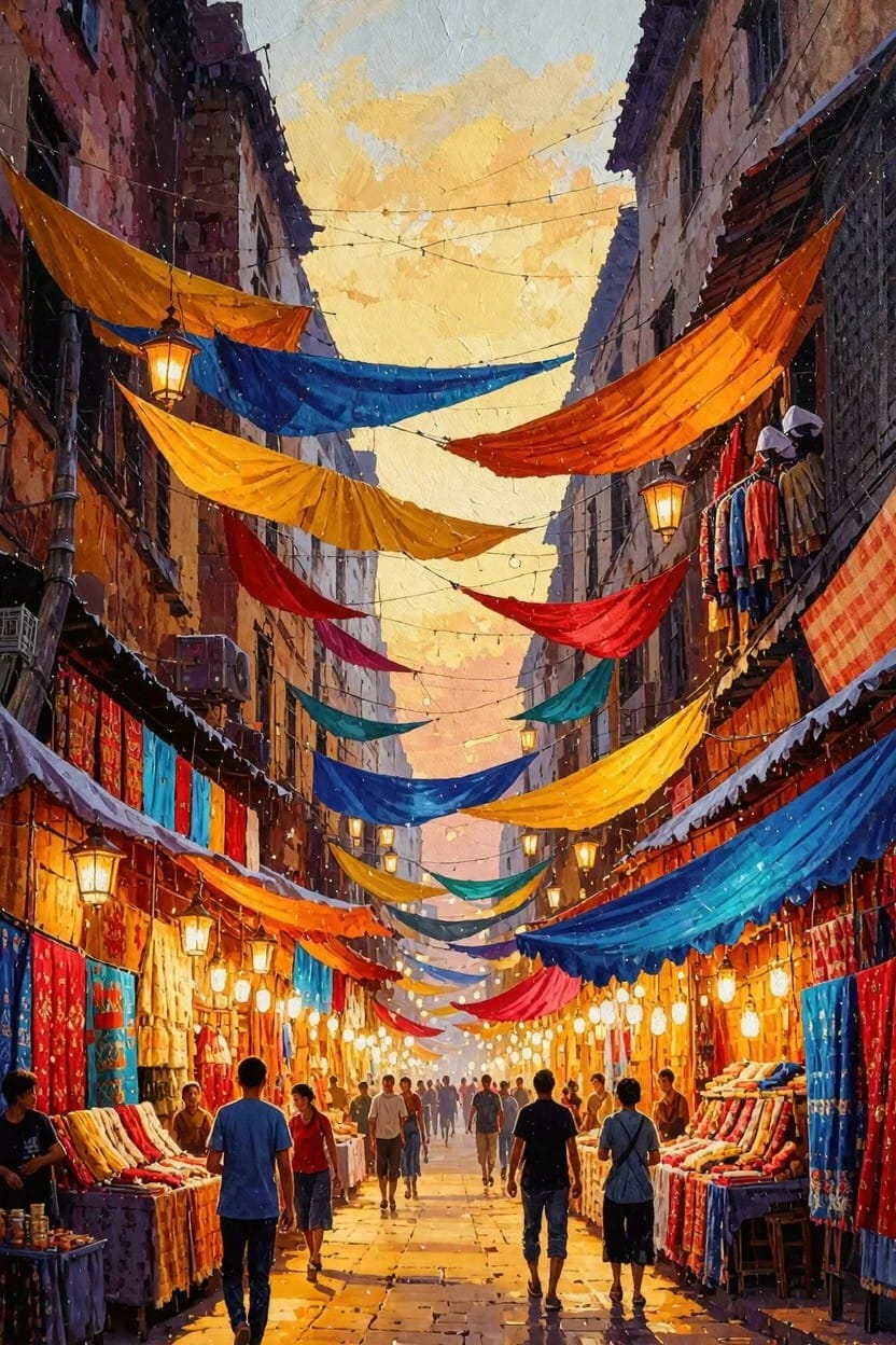 Narrow cobblestone alley market at sunset draped with colorful hanging fabric banners, lit by lanterns, with people and textile stalls.