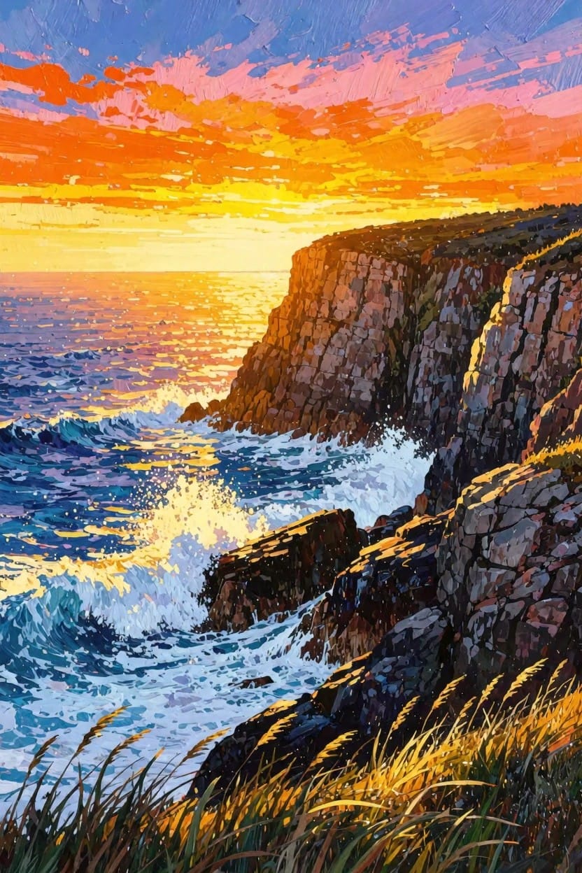 Vibrant painting of orange-pink sunset over rocky ocean cliffs with crashing waves and golden foreground grasses.