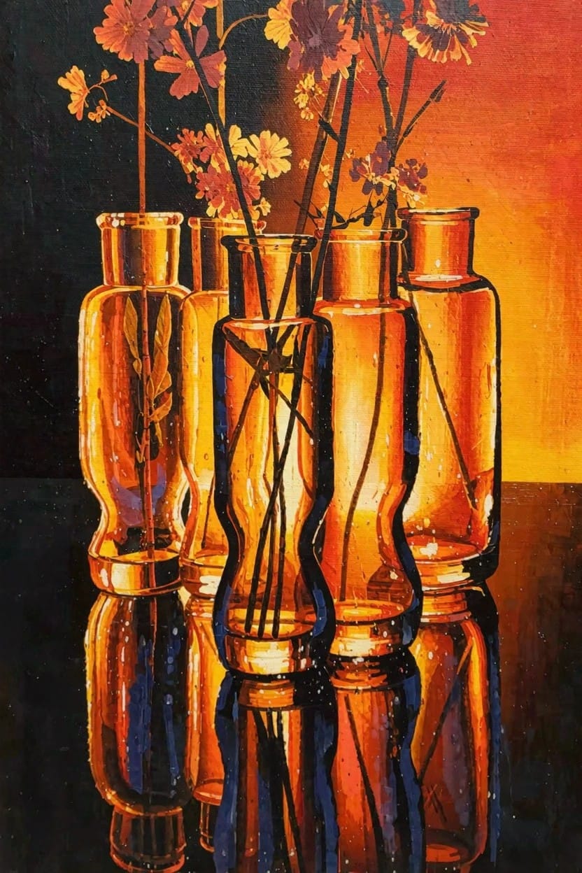 Painting of clustered translucent orange glass vases filled with small white and yellow flowers on a dark reflective surface with warm orange background.