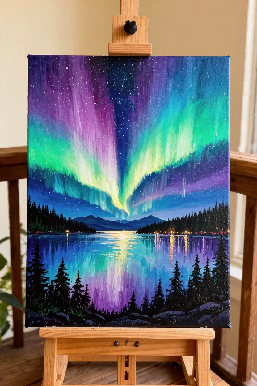 Acrylic painting on canvas of northern lights over mountains, trees, and a reflective lake at night, shown on a wooden easel.
