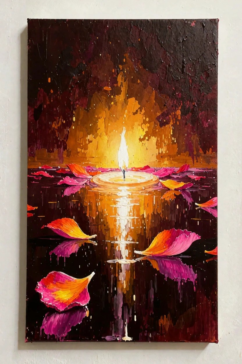 Acrylic painting of a bright yellow candle flame centered on dark rippling water surrounded by floating pinkish-red petals with glowing orange reflections.