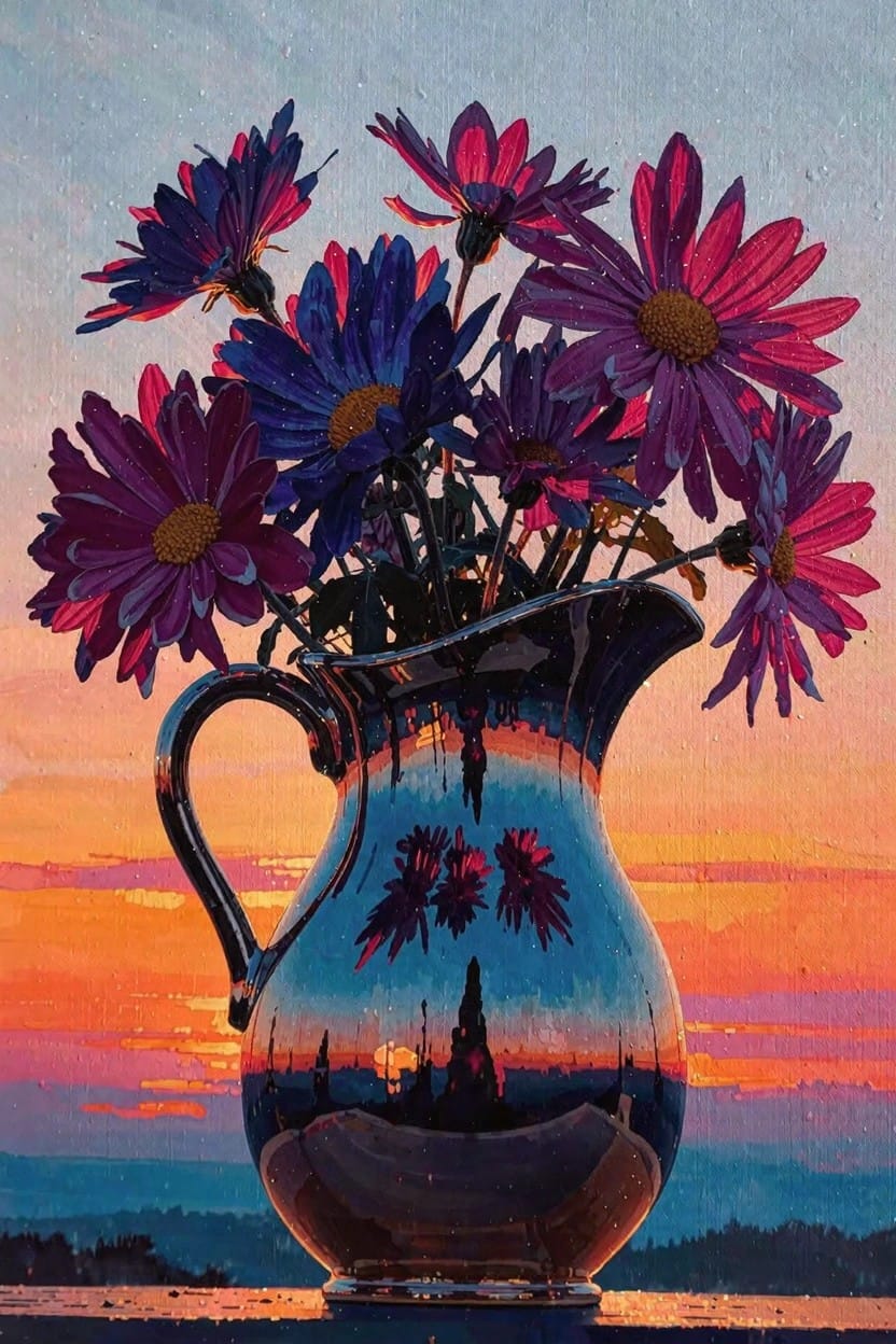 Bouquet of purple and pink daisies in a shiny silver pitcher reflects an orange sunset sky and hills.