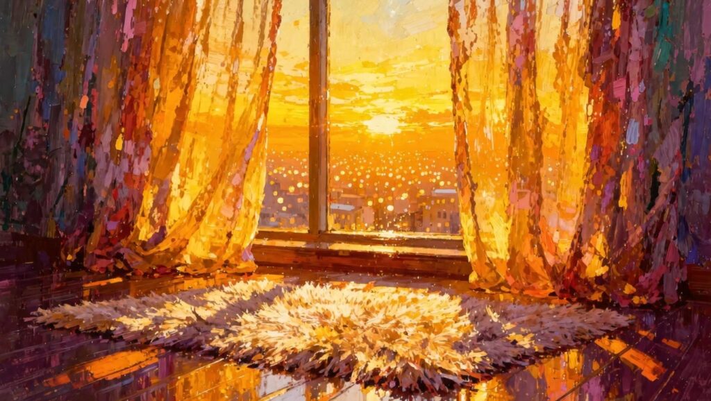 A vibrant painting of sheer orange-tinted curtains parted at a window, revealing a sunset over a city skyline with light spilling onto a patterned rug below.