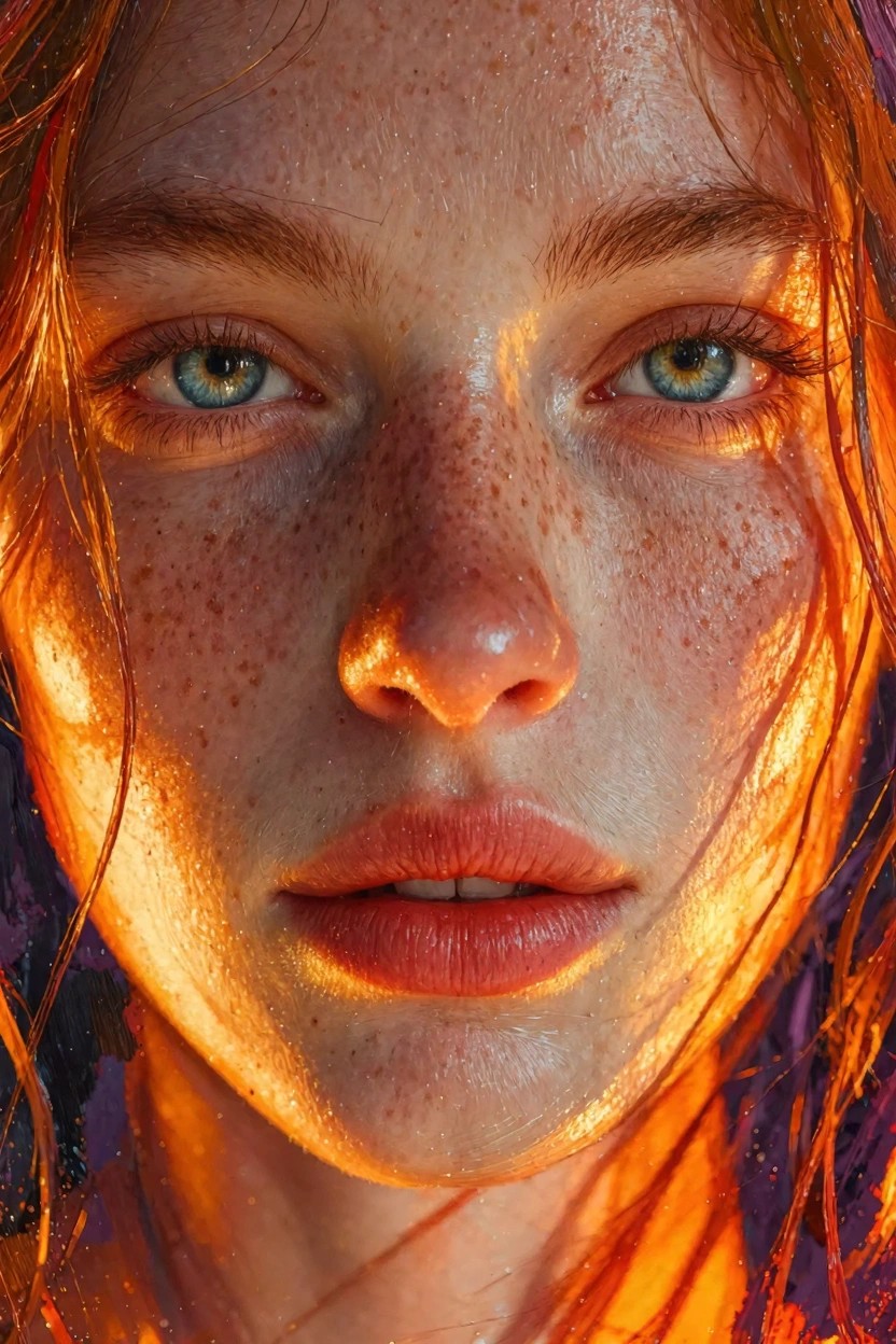 Close-up realistic portrait of a freckled red-haired woman with blue-green eyes and glossy lips in warm side lighting.