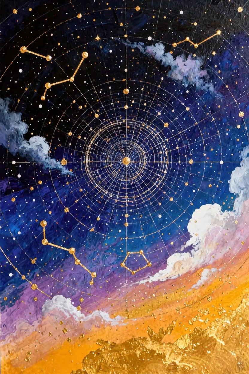 Abstract acrylic painting of a central golden grid with constellations, stars, and clouds on a blue-to-orange cosmic background.