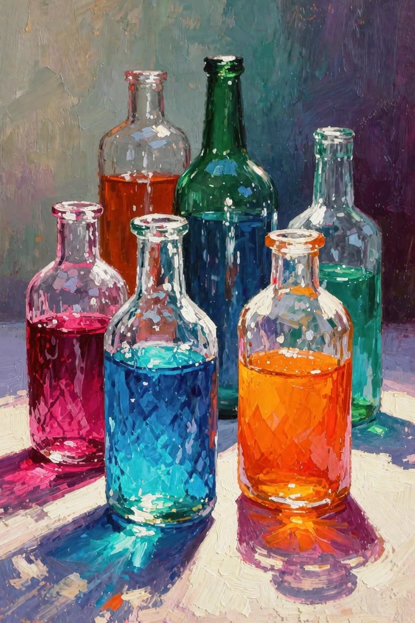 Oil painting of six clear glass bottles containing purple, blue, orange, and green liquids, arranged on a surface with colorful shadows and reflections.