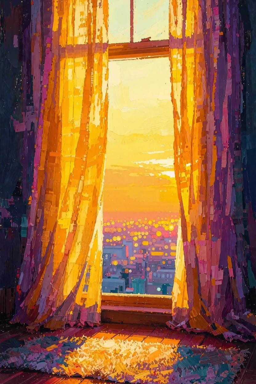 A vibrant painting of sheer orange-tinted curtains parted at a window, revealing a sunset over a city skyline with light spilling onto a patterned rug below.