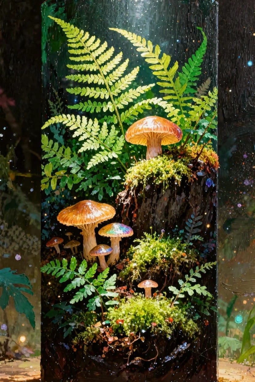 Vertical artwork of a dark glass terrarium filled with green ferns, orange and iridescent mushrooms, mossy wood, and sparkling glow effects.