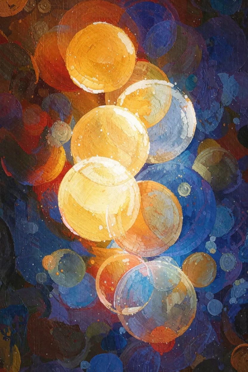 Overlapping translucent orange, yellow, gold, and blue orbs clustered vertically on a dark blue and purple background.