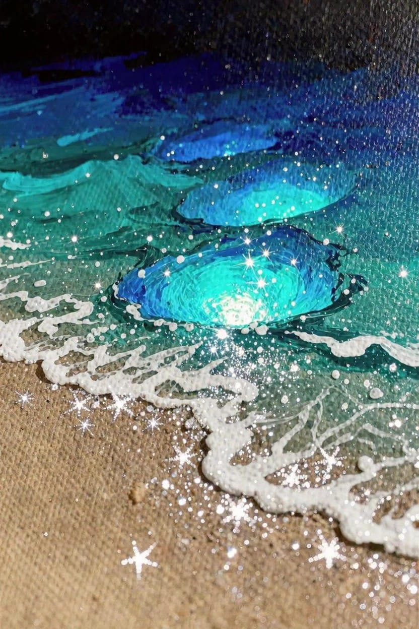 A canvas painting of a beach with sand, waves, and two glowing turquoise oval portals emerging from the sand near the water.