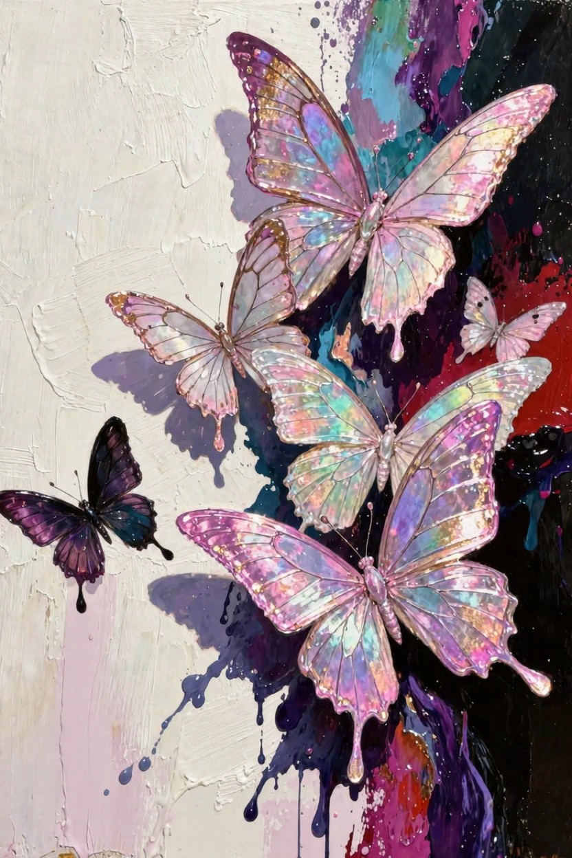 Acrylic painting of overlapping iridescent butterflies in pinks, purples, and blues on a creamy white background with color splatters and shadows.