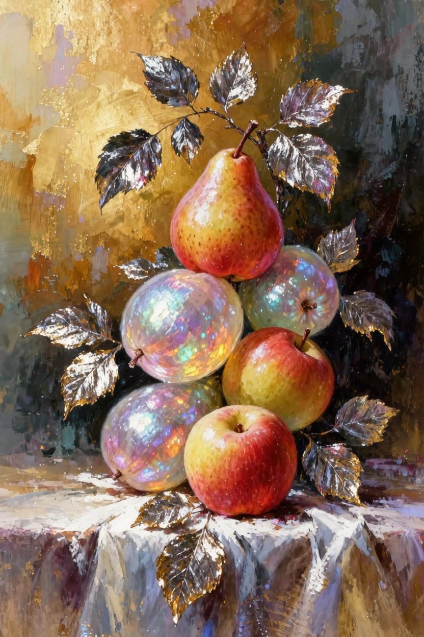 Painting of stacked golden pears, iridescent orb fruits, and red-green apples with silver leaves on a textured gold base.