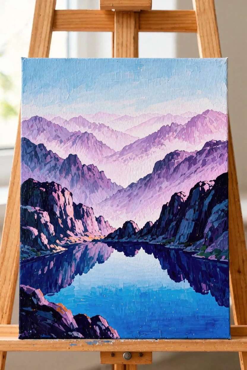 Acrylic painting on canvas of purple layered mountains reflected in a blue lake, displayed on a wooden easel.