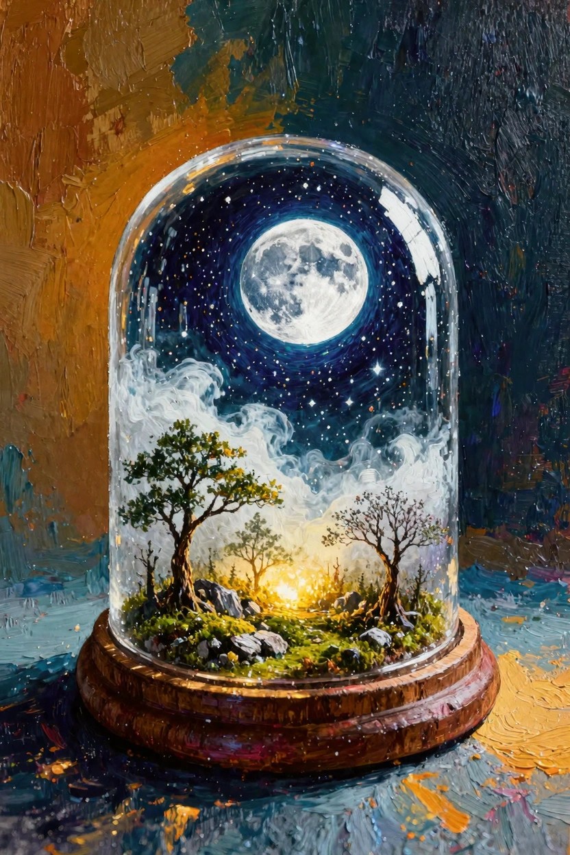 Painting of a clear glass dome on a wooden base holding a miniature landscape with moon, stars, clouds, trees, rocks, and moss against a textured orange-blue background.